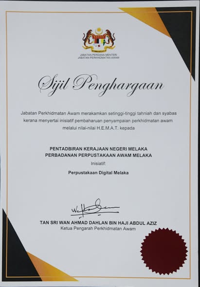 PERPUSTAM Terima Sijil Penyertaan Inisiatif H.E.M.A.T